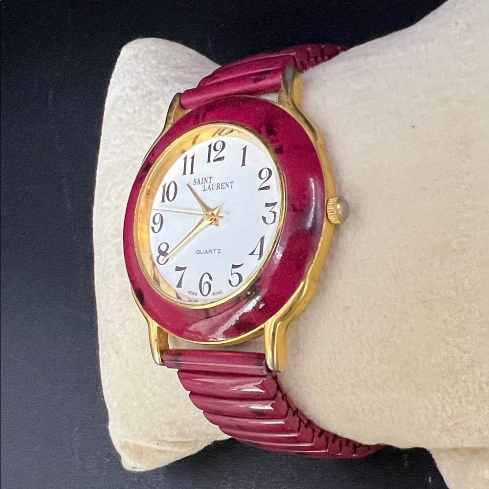 Saint Laurent Red Marble Dial Watch with Gold Case and 6.5” Red Strap - Picture 2 of 9